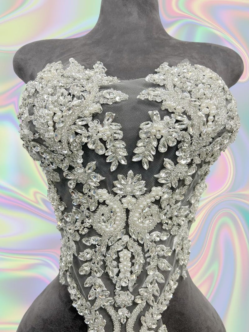 ArtistryXB Handmade Rhinestones Lace Bodice Applique Sew on Beads Sequins Trimming Patches for Dress Clothing Accessories 1Pcs/Bag (Silver) - Image 4